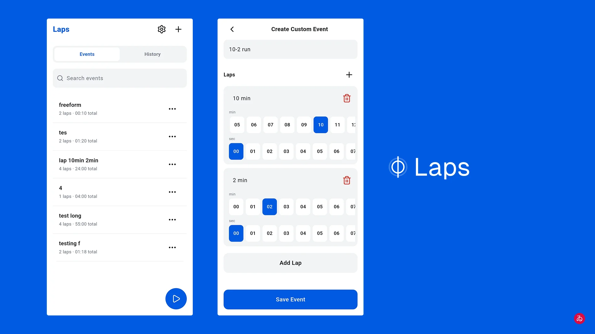 Laps events list and custom event builder