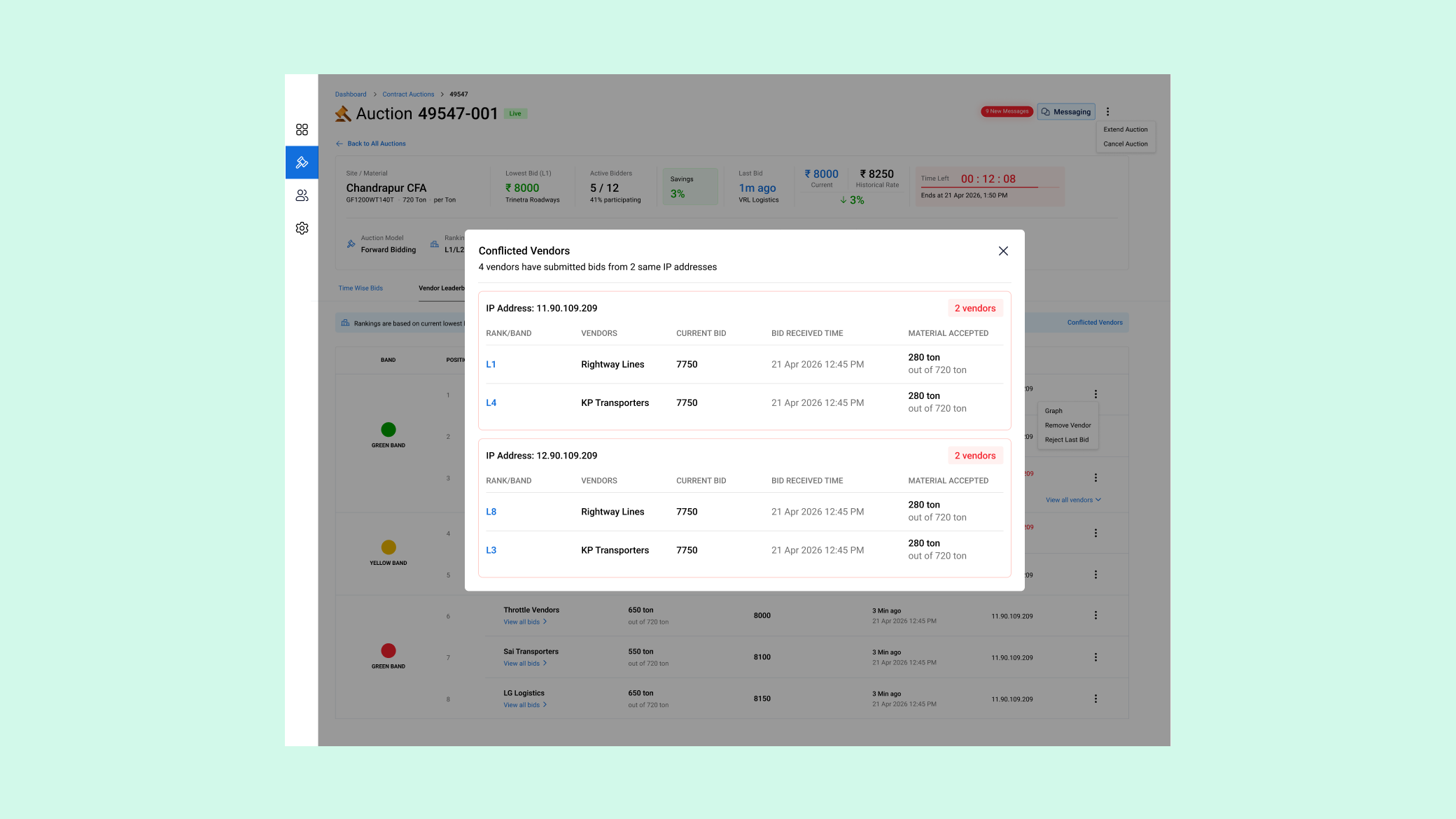 IP conflict detection modal flagging vendors on the same IP address