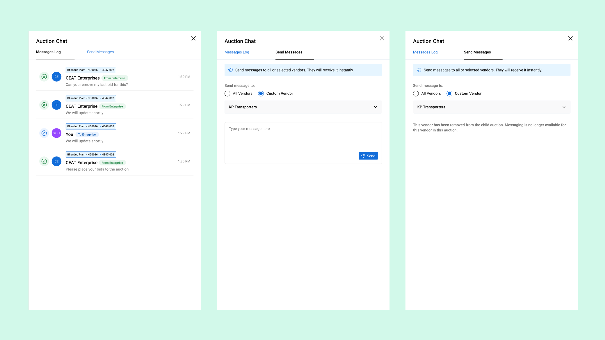 In-platform auction chat between enterprise and vendors