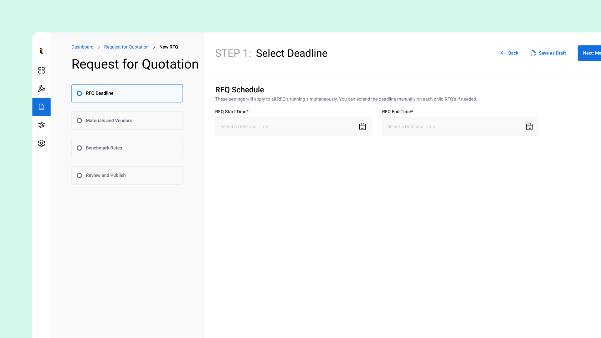 Proposed RFQ-to-auction workflow, request for quotation step 1