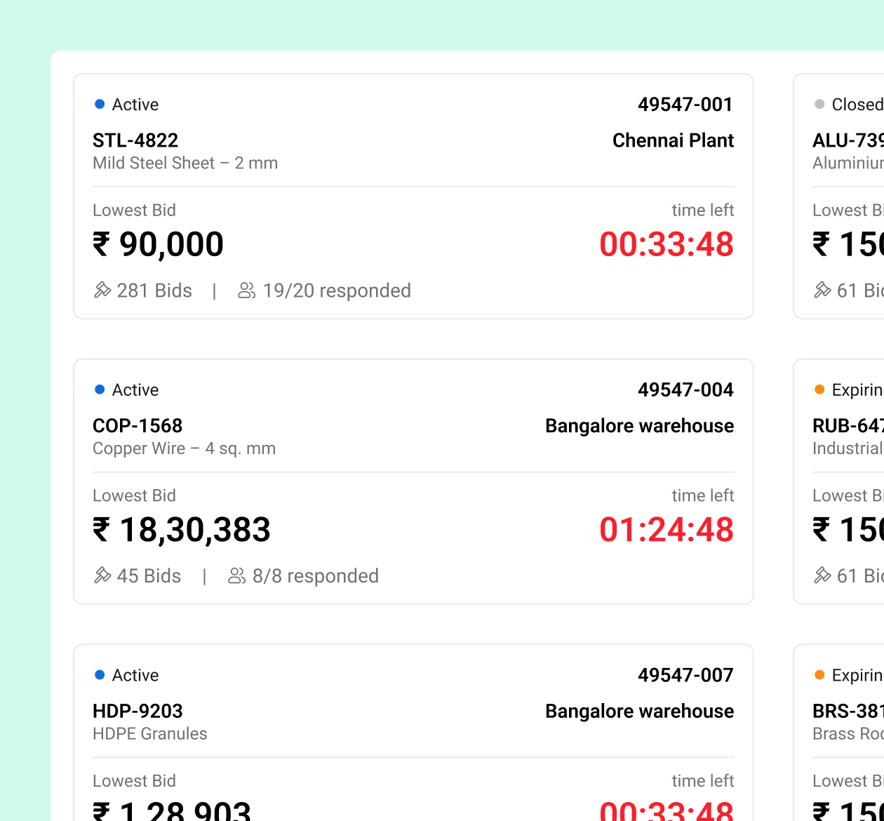Enterprise dashboard showing multiple active auctions at a glance
