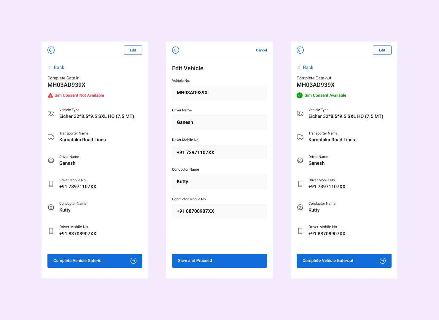 Mobile screens showing the extended editing window: Complete Gate-in with vehicle details, an Edit Vehicle form, and Complete Gate-out with the same details still editable