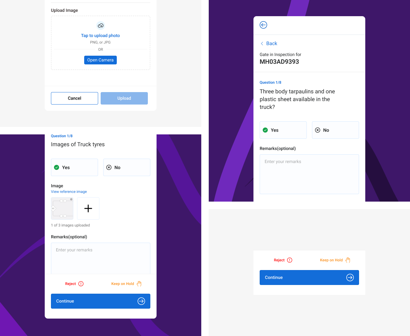 Mobile Gate-in Inspection flow showing an image upload step, an inspection question answered Yes/No with optional remarks, and the Reject / Keep on Hold / Continue actions