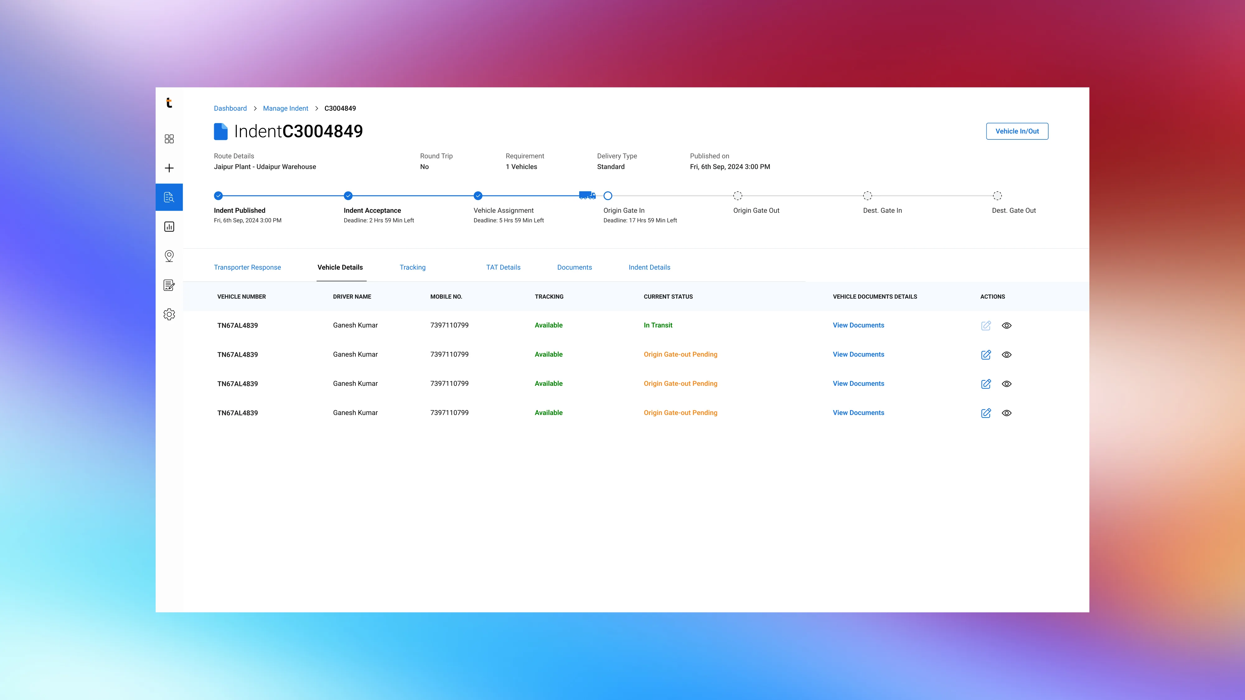 After: Indent page's Vehicle Details tab, showing the shipment timeline alongside the redesigned vehicle number, driver, tracking, and status table